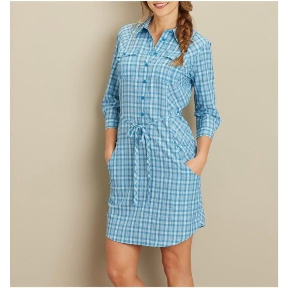 Duluth Trading Armachillo Cooling Plaid Dress Shirt Dress Blue Sz S